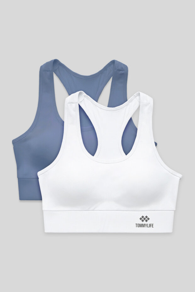 Slim Fit U Yaka 2'li Paket Petrol-Beyaz Kadın Spor Büstiyer - 97120 - 1