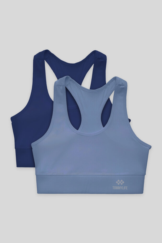 Slim Fit U Yaka 2'li Paket İndigo-Petrol Kadın Spor Büstiyer - 97120 - 1