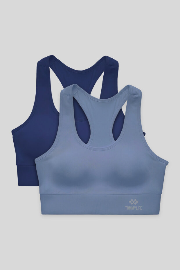 Slim Fit U Yaka 2'li Paket İndigo-Petrol Kadın Spor Büstiyer - 97120 - 1