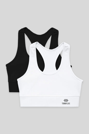 Slim Fit U Yaka 2'li Paket Siyah-Beyaz Kadın Spor Büstiyer - 97120 