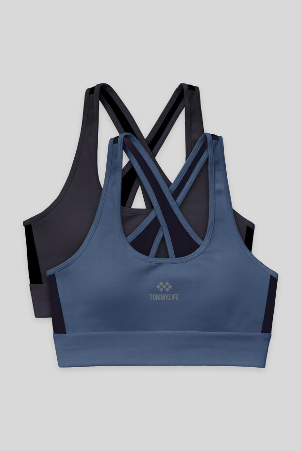 Slim Fit U Yaka 2'li Paket Petrol-Antrasit Kadın Spor Büstiyer - 97121 - 1