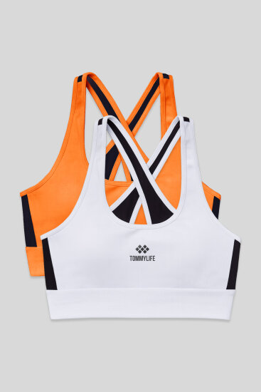 Slim Fit U Yaka 2'li Paket Beyaz-Neon Oranj Kadın Spor Büstiyer - 97121 