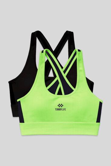 Slim Fit U Yaka 2'li Paket Siyah-Neon Sarı Kadın Spor Büstiyer - 97121 