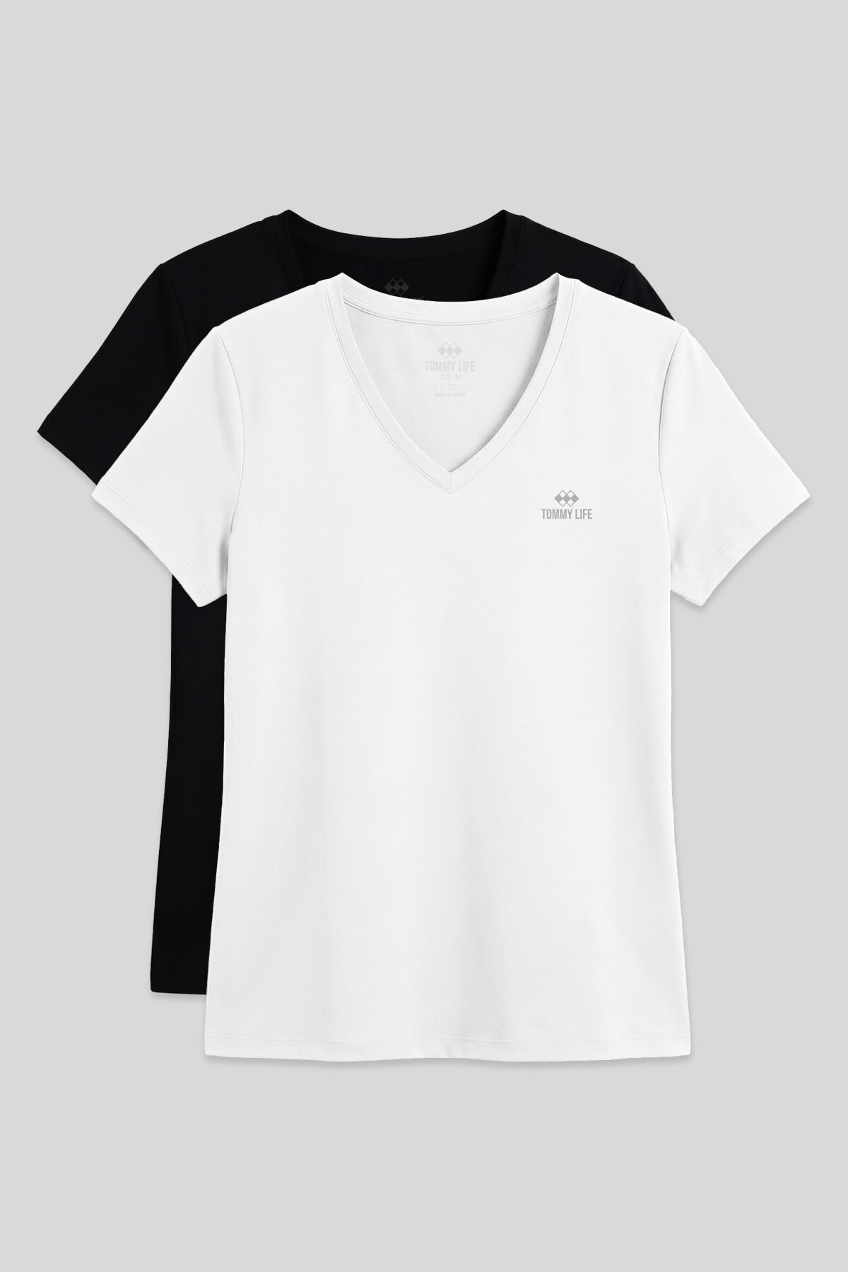 Standart Kalıp Basic V Yaka 2'li Paket Siyah-Beyaz Kadın T-Shirt - 97145 - TOMMYLIFE
