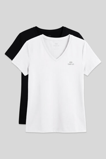 Standart Kalıp Basic V Yaka 2'li Paket Siyah-Beyaz Kadın T-Shirt - 97145 