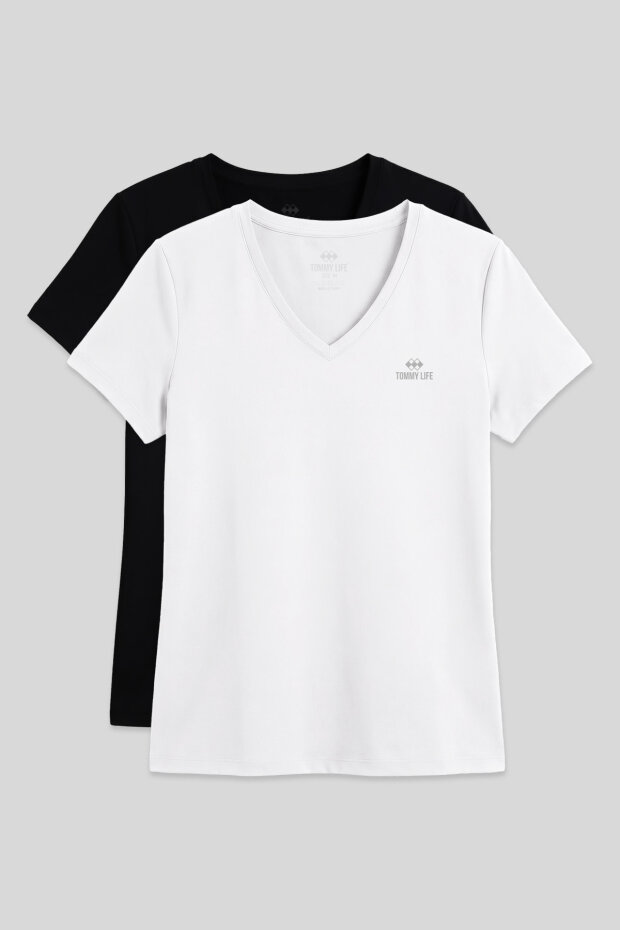 Standart Kalıp Basic V Yaka 2'li Paket Siyah-Beyaz Kadın T-Shirt - 97145 - 1