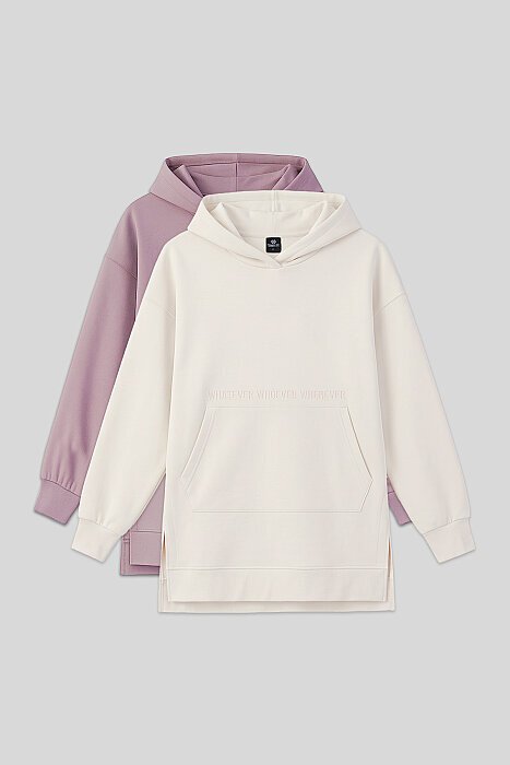 Rahat Form Kapüşonlu 2'li Paket Ekru-Gül Kurusu Kadın Tunik Sweatshirt - 97163 