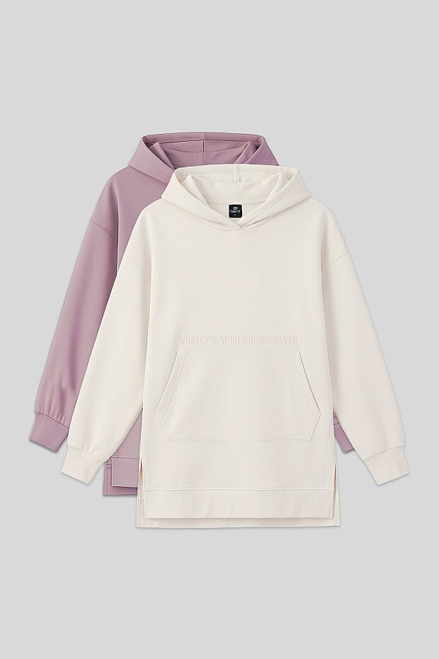 Rahat Form Kapüşonlu 2'li Paket Ekru-Gül Kurusu Kadın Tunik Sweatshirt - 97163 - 1