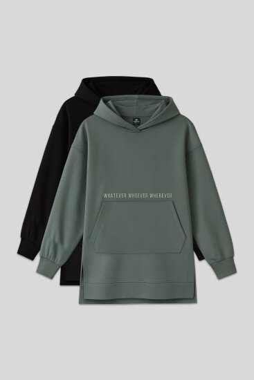 Oversize Kapüşonlu 2'li Paket Siyah-Çağla Kadın Tunik Sweatshirt - 97163 - TOMMYLIFE