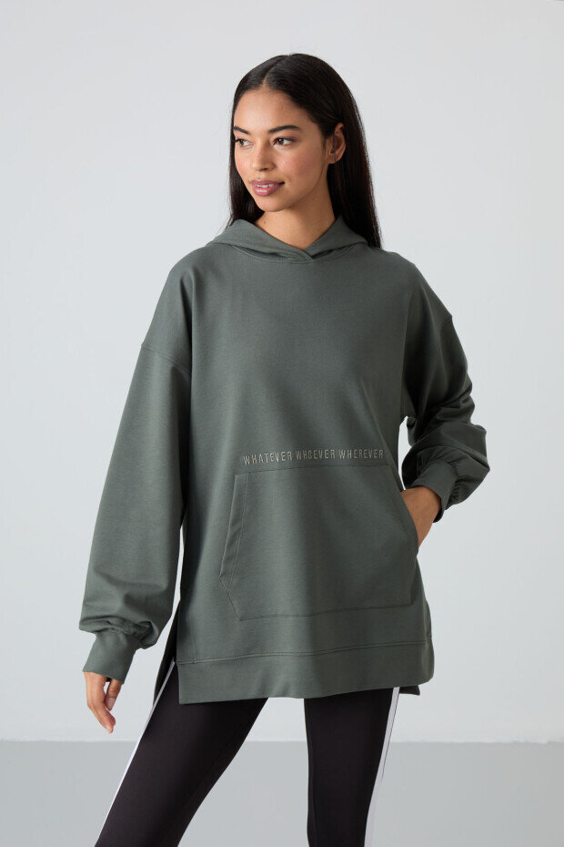 Oversize Kapüşonlu 2'li Paket Siyah-Çağla Kadın Tunik Sweatshirt - 97163 - 3