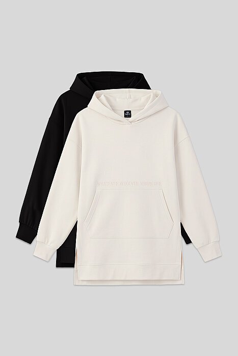 Rahat Form Kapüşonlu 2'li Paket Siyah-Ekru Kadın Tunik Sweatshirt - 97163 