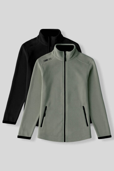 Rahat Form Dik Yaka 2'li Paket Siyah-Çağla Kadın Polar Sweatshirt - 97173 