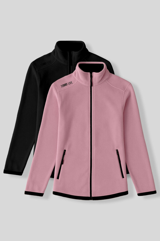 Rahat Form Dik Yaka 2'li Paket Siyah-Gül Kurusu Kadın Polar Sweatshirt - 97173 - 1