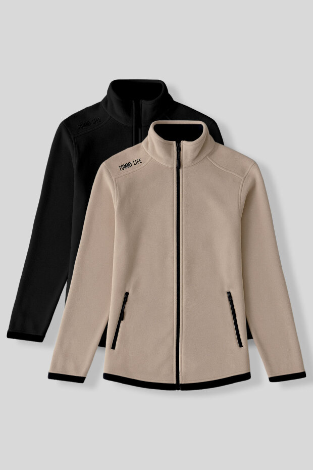 Rahat Form Dik Yaka 2'li Paket Siyah-Koyu Bej Kadın Polar Sweatshirt - 97173 - 1