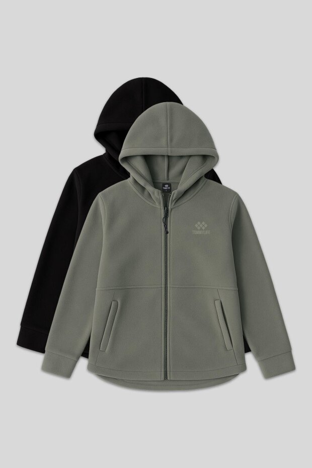 Rahat Form Kapüşonlu 2'li Paket Siyah-Çağla Kadın Polar Sweatshirt - 97233 - 1