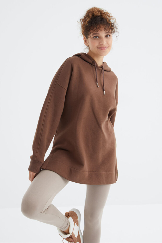 Oversize Kapüşonlu 2'li Paket Ekru-Kahverengi Kadın Tunik Sweatshirt - 97242 - 6