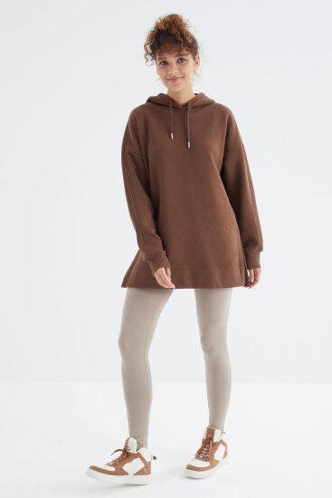 Oversize Kapüşonlu 2'li Paket Ekru-Kahverengi Kadın Tunik Sweatshirt - 97242 - TOMMYLIFE (1)