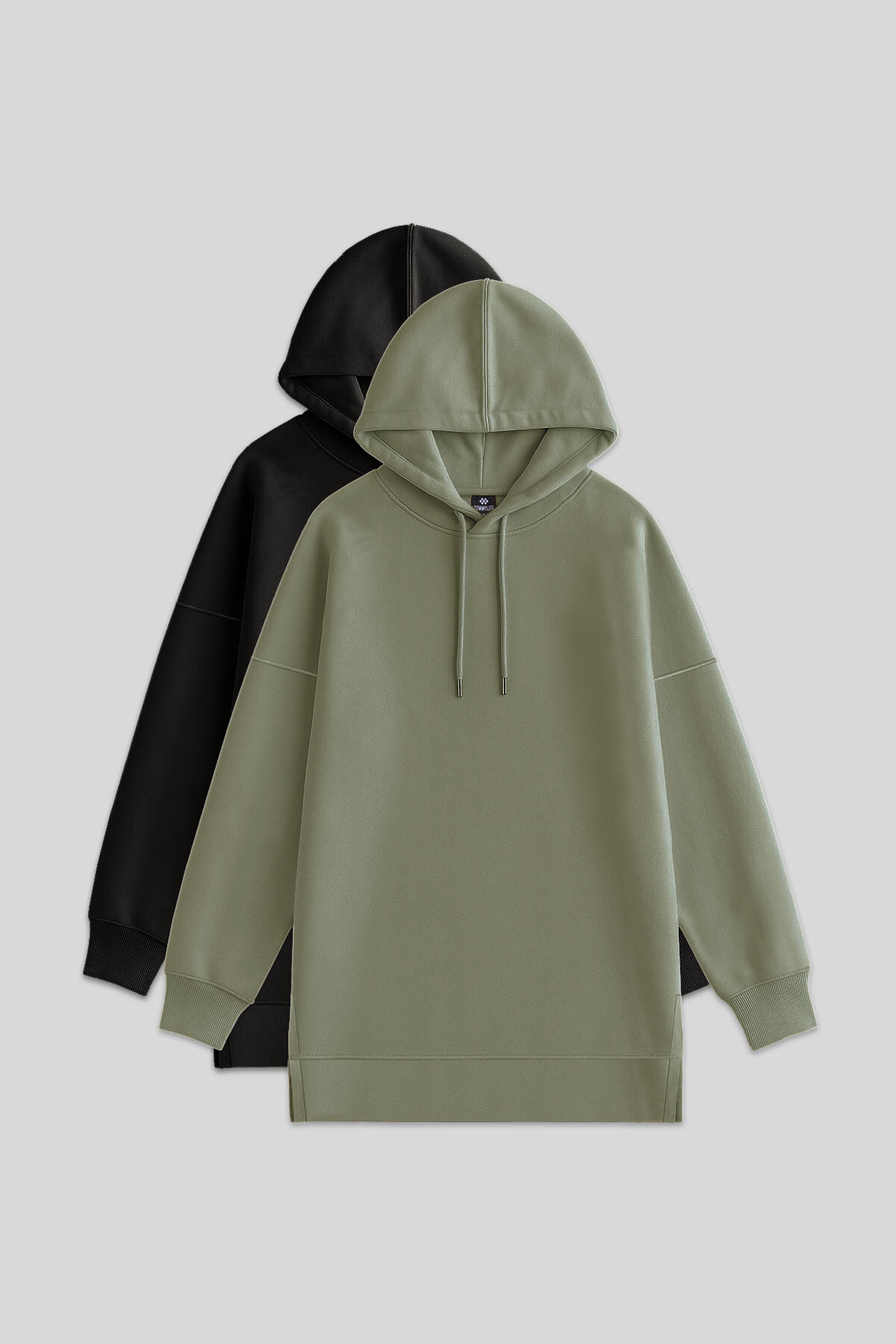 Oversize Kapüşonlu 2'li Paket Siyah-Çağla Kadın Tunik Sweatshirt - 97242 - TOMMYLIFE