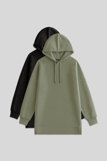 Oversize Kapüşonlu 2'li Paket Siyah-Çağla Kadın Tunik Sweatshirt - 97242 - TOMMYLIFE