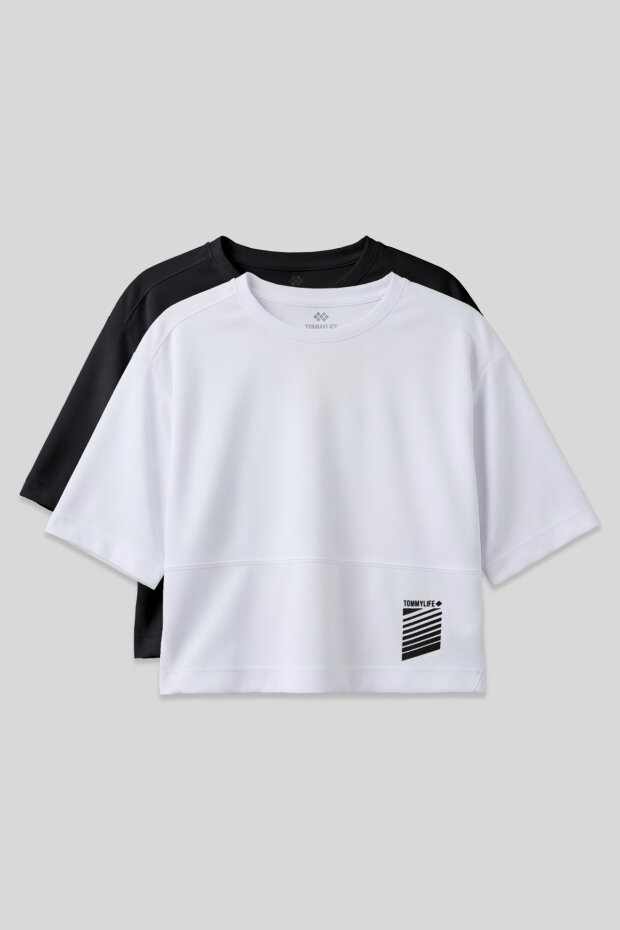 Oversize Fit O Yaka 2'li Paket Siyah-Beyaz Kadın T-Shirt - 97284 - 1