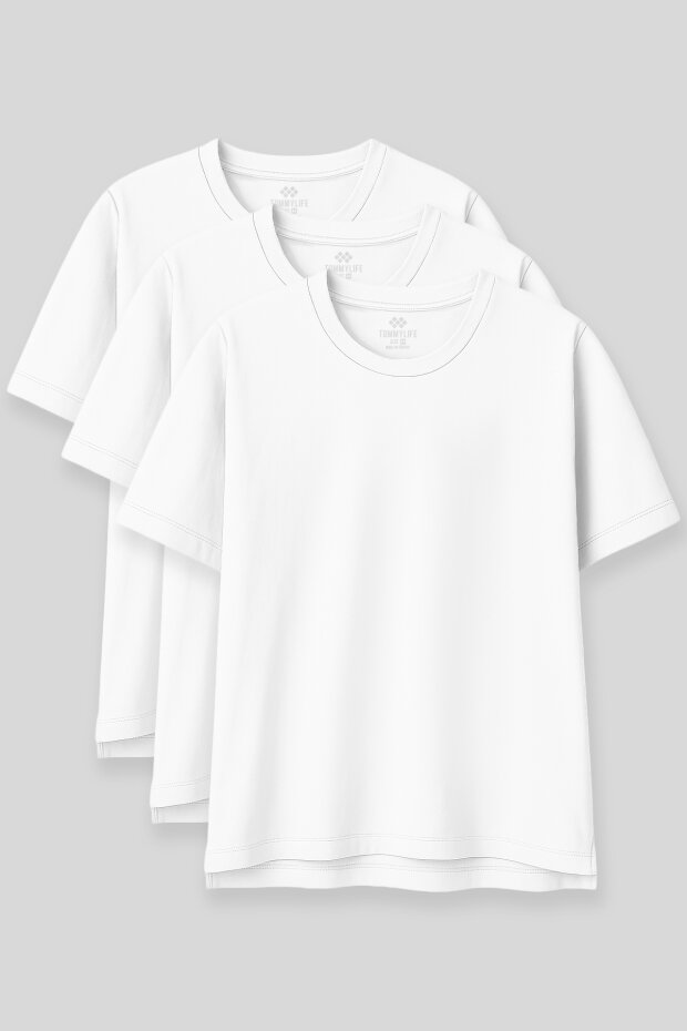 Oversize Fit Basic O Yaka 3'lü Paket Beyaz Kadın T-Shirt 97285 - 1