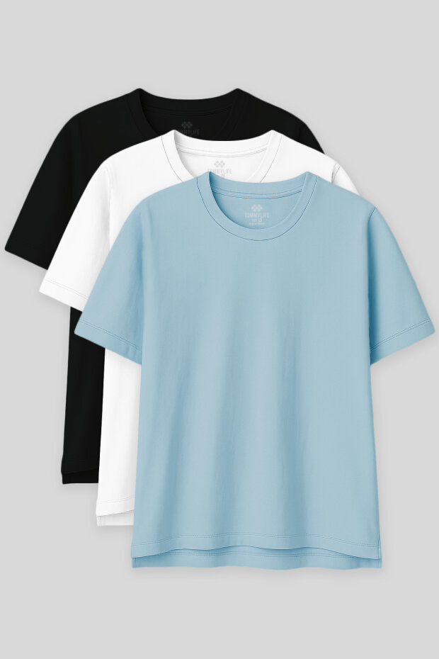 Oversize Fit Basic O Yaka 3'lü Paket Siyah-Beyaz-Açık Mavi Kadın T-Shirt 97285 - 1