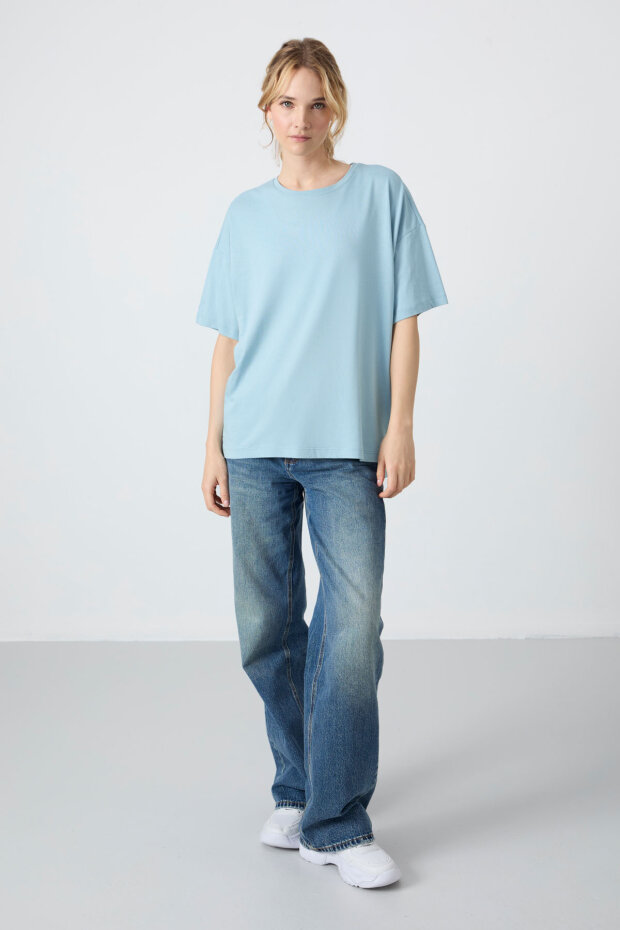 Oversize Fit Basic O Yaka 3'lü Paket Siyah-Beyaz-Açık Mavi Kadın T-Shirt 97285 - 3