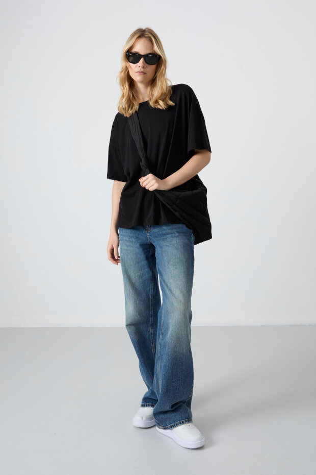 Oversize Fit Basic O Yaka 3'lü Paket Siyah-Beyaz-Açık Mavi Kadın T-Shirt 97285 - 2