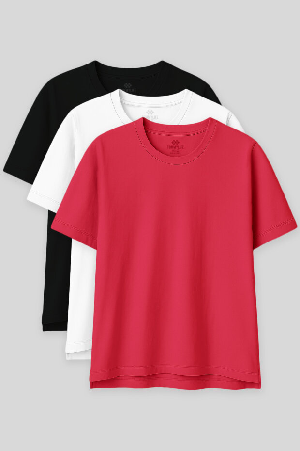 Oversize Fit Basic O Yaka 3'lü Paket Siyah-Beyaz-Rose Kadın T-Shirt 97285 - 1