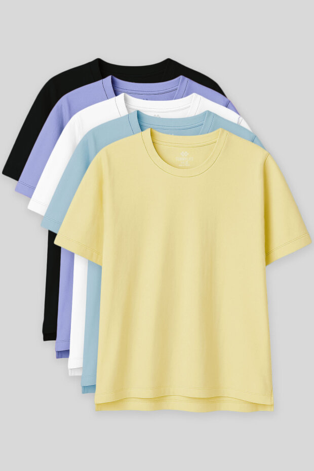 Oversize Fit Basic O Yaka 5'li Paket Kadın T-Shirt - 97285 - 1