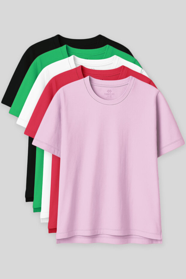 Oversize Fit Basic O Yaka 5'li Paket Kadın T-Shirt - 97285 - 1