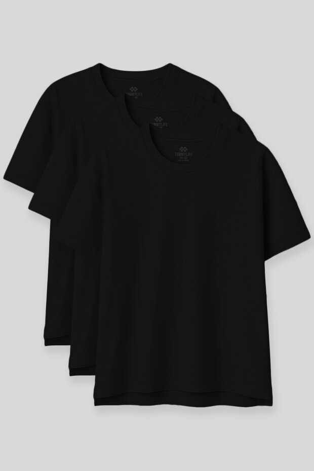 Oversize Fit Basic O Yaka 3'lü Paket Siyah Kadın T-Shirt 97285 - 1