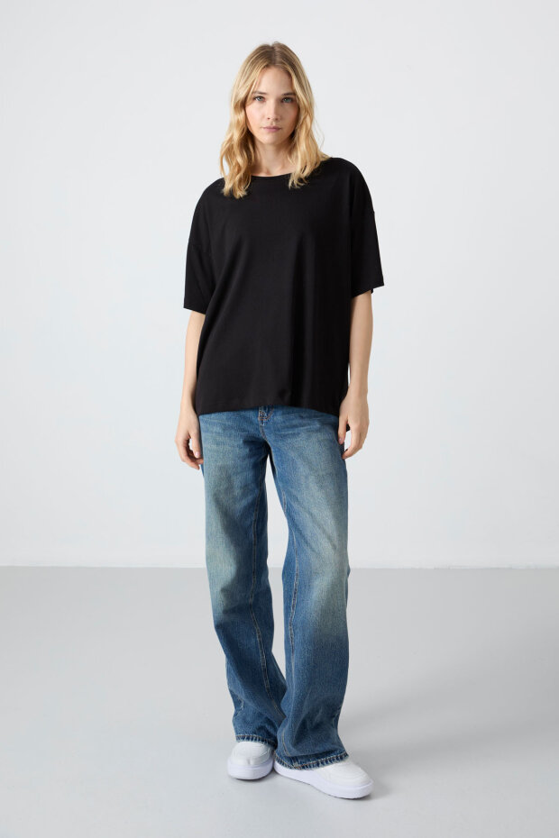 Oversize Fit Basic O Yaka 3'lü Paket Siyah Kadın T-Shirt 97285 - 4