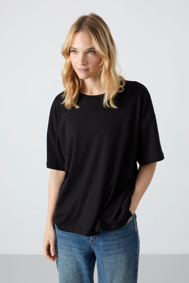 Oversize Fit Basic O Yaka 3'lü Paket Siyah Kadın T-Shirt 97285 - 3