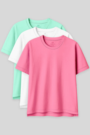 Oversize Fit Basic O Yaka 3'lü Paket Su Yeşili-Beyaz-Şeker Pembe Kadın T-Shirt 97285 