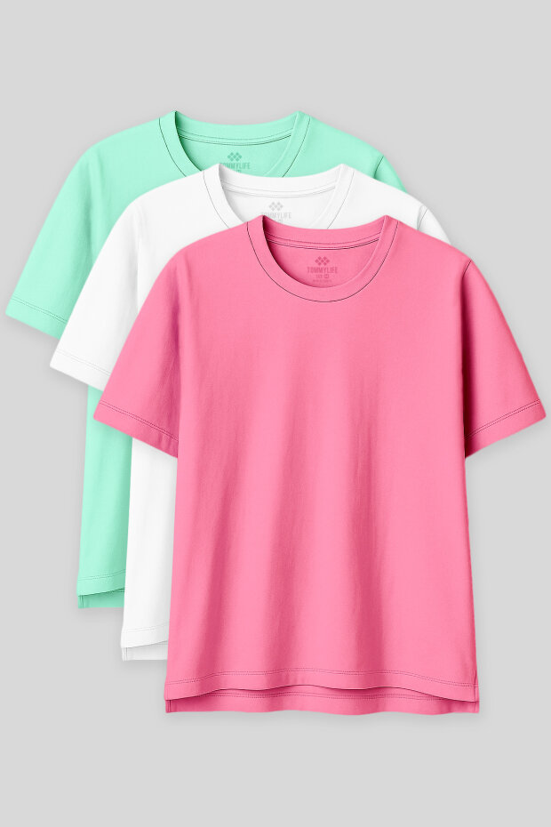 Oversize Fit Basic O Yaka 3'lü Paket Su Yeşili-Beyaz-Şeker Pembe Kadın T-Shirt 97285 - 1
