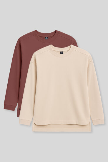 Rahat Form O Yaka 2'li Paket Bej-Kahverengi Kadın Tunik Sweatshirt - 97305 