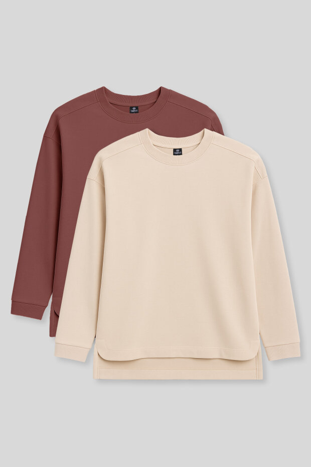 Rahat Form O Yaka 2'li Paket Bej-Kahverengi Kadın Tunik Sweatshirt - 97305 - 1