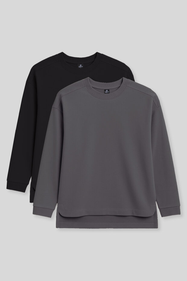 Rahat Form O Yaka 2'li Paket Siyah-Koyu Gri Kadın Tunik Sweatshirt - 97305 - 1