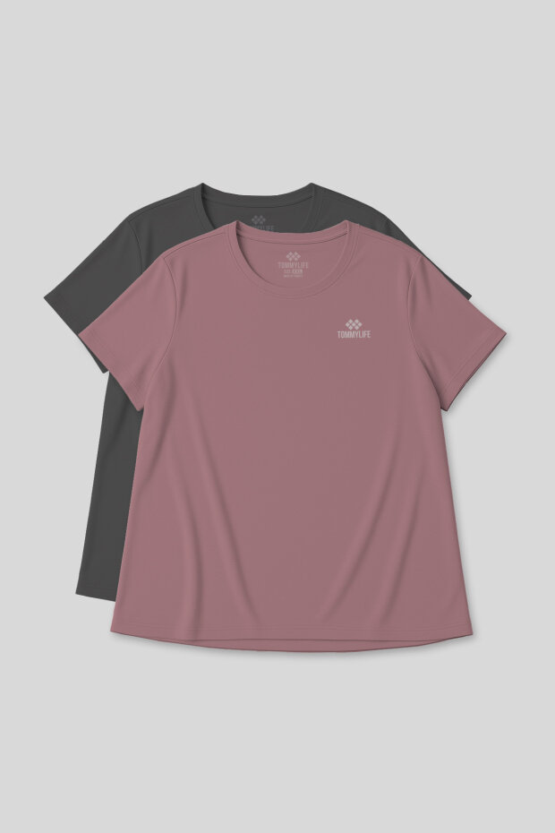 Rahat Form 2'li Paket Koyu Gri-Gül Kurusu Battal Kadın T-Shirt - 97308 - 1