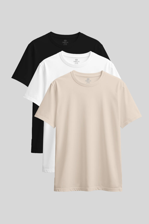 Standart Fit Basic O Yaka 3'lü Paket Siyah-Beyaz-Bej Kadın T-Shirt - 97311 - 1