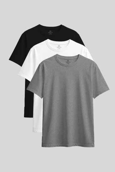 Standart Fit Basic O Yaka 3'lü Paket Siyah-Beyaz-Gri Melanj Kadın T-Shirt - 97311 