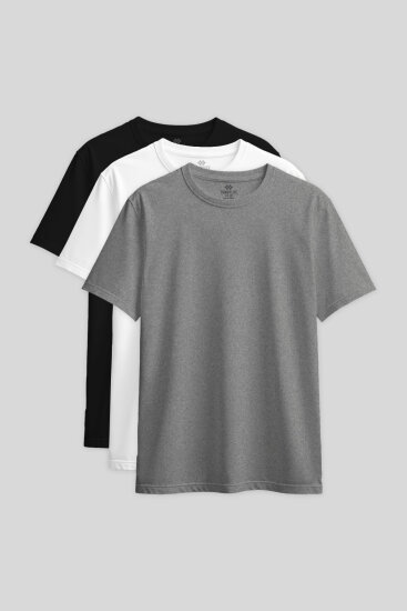 Standart Fit Basic O Yaka 3'lü Paket Siyah-Beyaz-Gri Melanj Kadın T-Shirt - 97311 