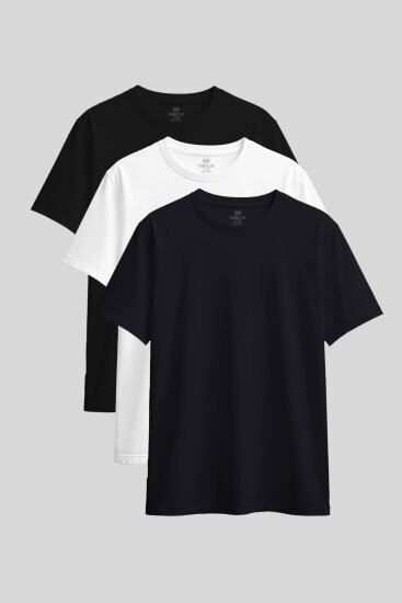 Standart Fit Basic O Yaka 3'lü Paket Siyah-Beyaz-Lacivert Kadın T-Shirt - 97311 