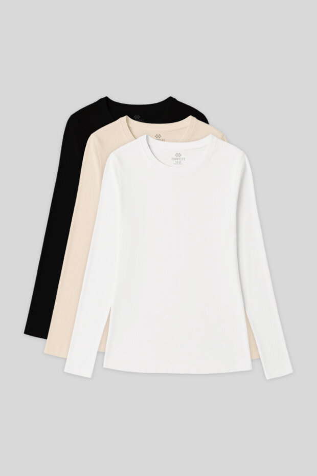 Slim Fit Basic O Yaka 3'lü Paket Siyah-Beyaz-Bej Kadın T-Shirt - 97312 - 1