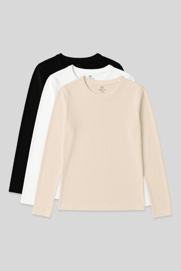 Standart Fit Basic O Yaka 3'lü Paket Siyah-Beyaz-Bej Kadın T-Shirt - 97312 