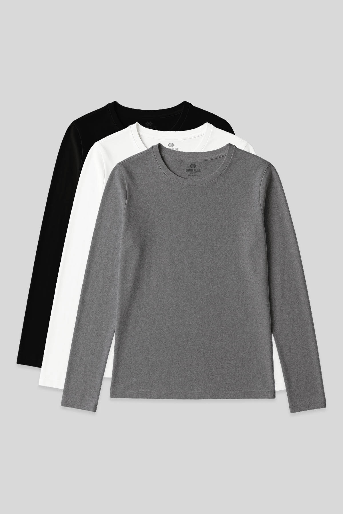 Standart Fit Basic O Yaka 3'lü Paket Siyah-Beyaz-Gri Melanj Kadın T-Shirt - 97312 - TOMMYLIFE