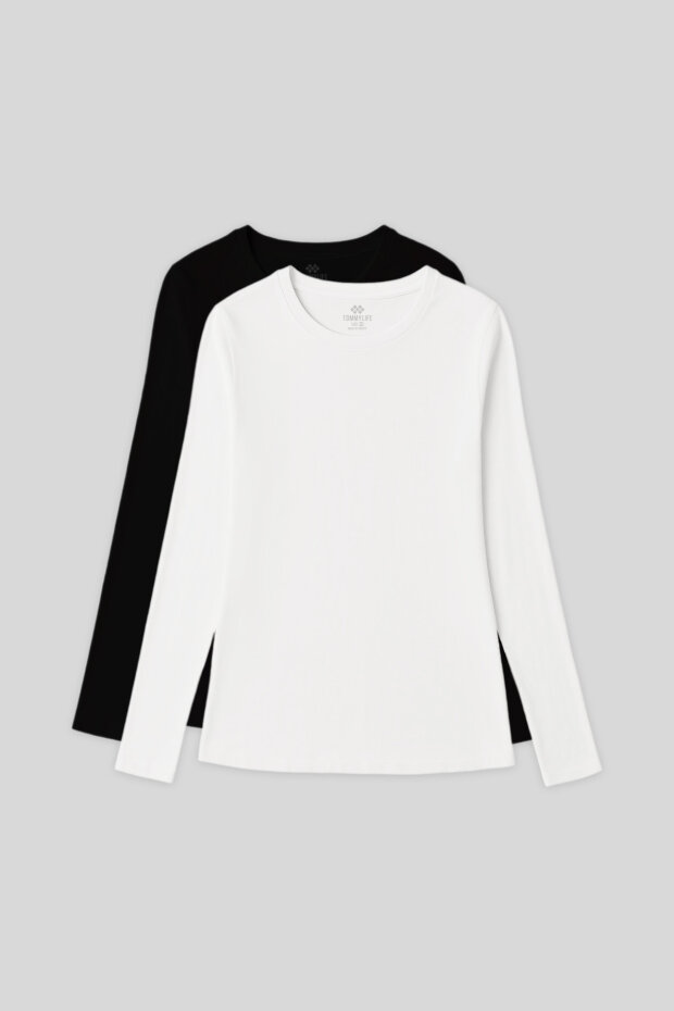 Slim Fit Basic O Yaka 2'li Paket Siyah-Beyaz Kadın T-Shirt - 97312 - 1