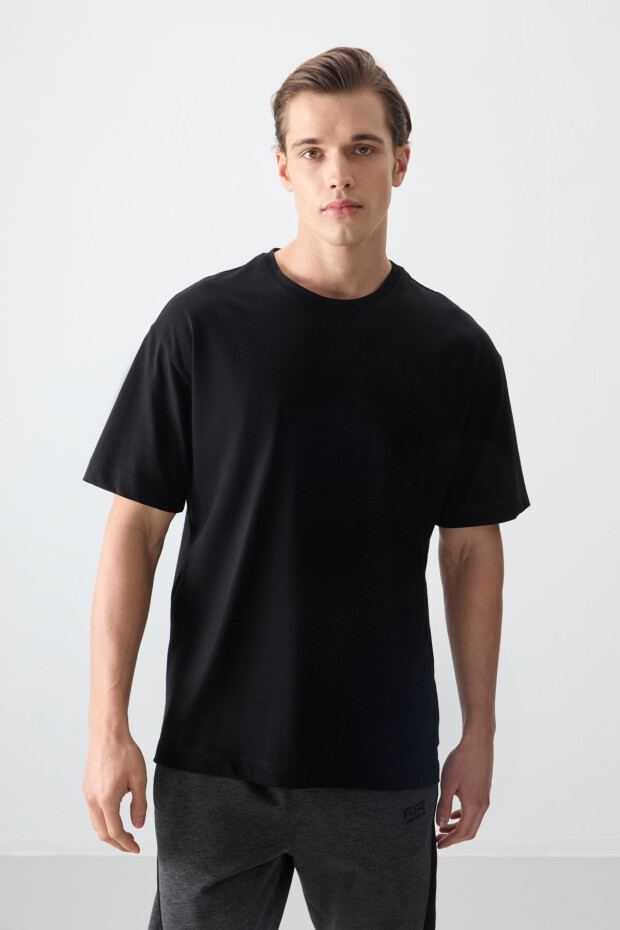 Siyah %100 Pamuk Kalın Yumuşak Dokulu Oversize Fit Basic Erkek T-Shirt - 88353 - 2
