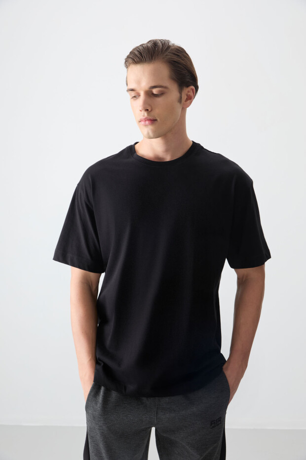 Siyah %100 Pamuk Kalın Yumuşak Dokulu Oversize Fit Basic Erkek T-Shirt - 88353 - 4